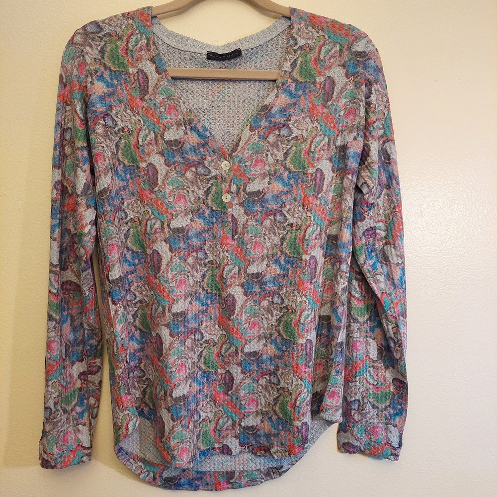 Nally & Millie Purple Watercolor Floral Abstract Waffle Henley. Size Medium